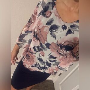 Alyssa Blue Floral Cape Dress, machine washable even with the chiffon capelet!